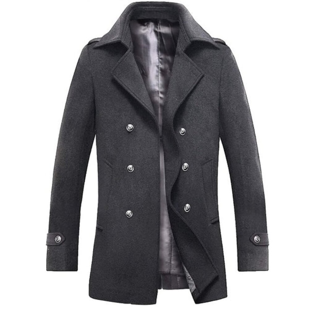 Men's Wool Peacoat Winter Buttons Jacket Windproof Classic Pea Coat